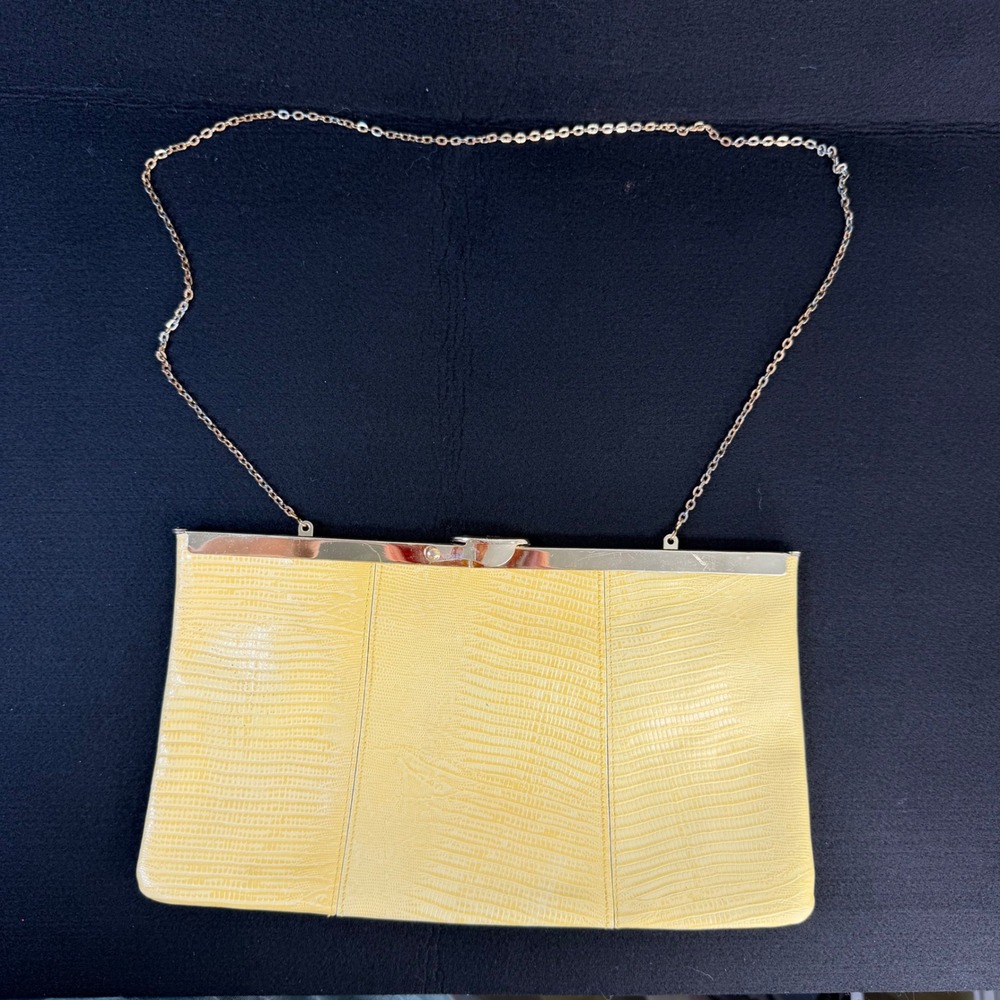 Vintage Etra Pale Yellow Textured Leather Evening Clutch Chain Strap Bag
